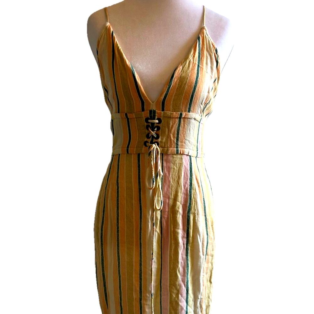O'Neill Pastel Stripes Mini Dress L Lace-Up Front V-Neck Woven Tank Smocked Back